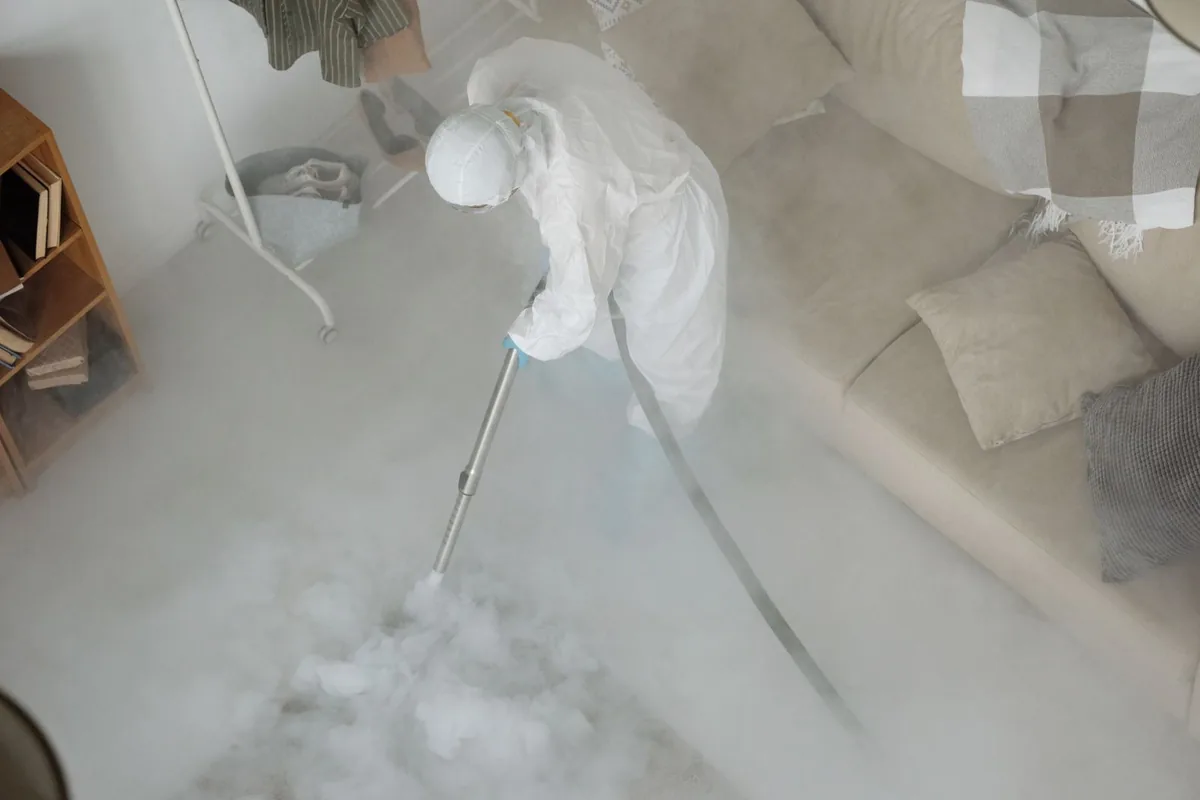 Biohazard cleanup technician in protective equipment, Cabazon, CA